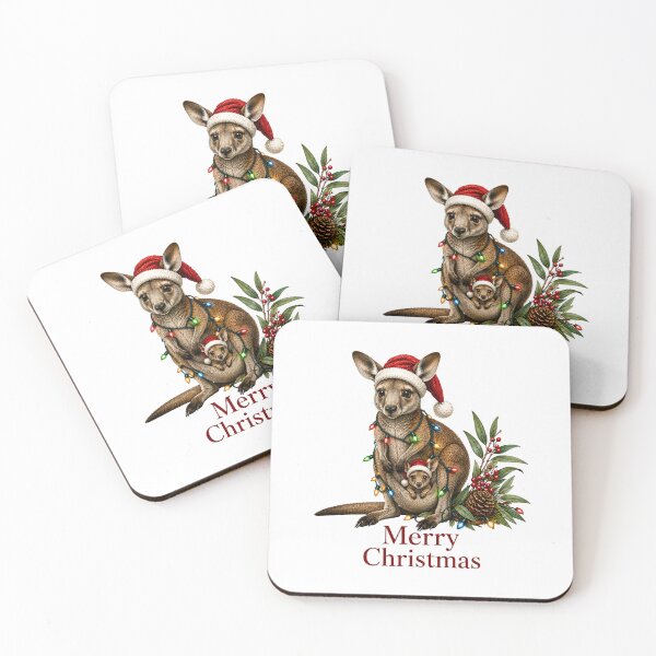 Item preview, Kangaroo Christmas with Baby – Merry Christmas Kangaroo & Joey in Santa Hats designed and sold by SVALANART.