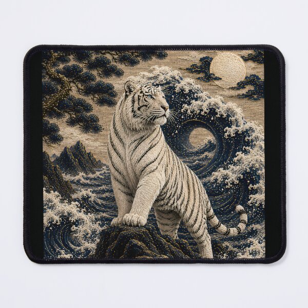 Item preview, White Tiger and Ocean Waves – Majestic Moonlit Asian Tiger Art designed and sold by ManJiangHong.