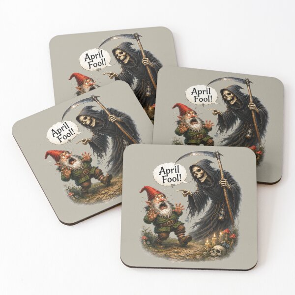 Item preview, April Fool! Scared Garden Gnome and Grim Reaper Funny Dark Humor Fantasy Art designed and sold by Alpine-Ink.