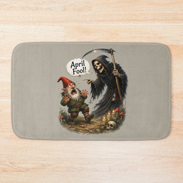Item preview, April Fool! Scared Garden Gnome and Grim Reaper Funny Dark Humor Fantasy Art designed and sold by Alpine-Ink.