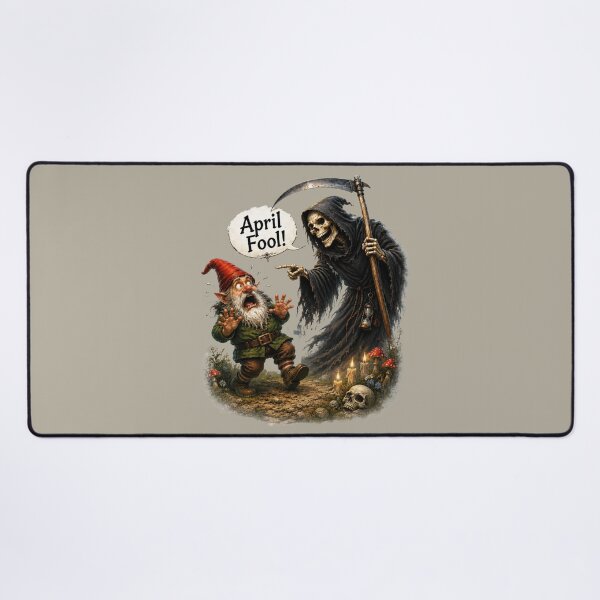 Item preview, April Fool! Scared Garden Gnome and Grim Reaper Funny Dark Humor Fantasy Art designed and sold by Alpine-Ink.