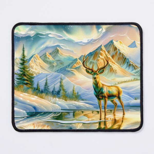 Item preview,  Deer Beneath the Northern Lights Watercolor Art – Snowy Mountain Winter Forest designed and sold by MargaretWiktor.