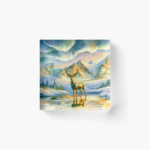 Item preview,  Deer Beneath the Northern Lights Watercolor Art – Snowy Mountain Winter Forest designed and sold by MargaretWiktor.
