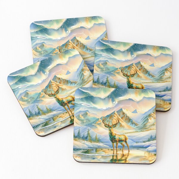 Item preview,  Deer Beneath the Northern Lights Watercolor Art – Snowy Mountain Winter Forest designed and sold by MargaretWiktor.