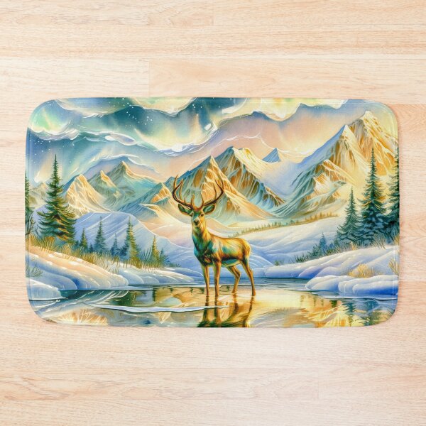Item preview,  Deer Beneath the Northern Lights Watercolor Art – Snowy Mountain Winter Forest designed and sold by MargaretWiktor.