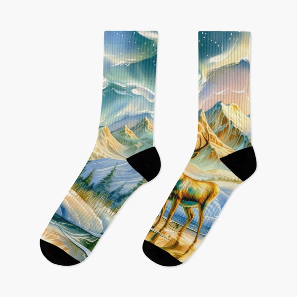 Item preview,  Deer Beneath the Northern Lights Watercolor Art – Snowy Mountain Winter Forest designed and sold by MargaretWiktor.