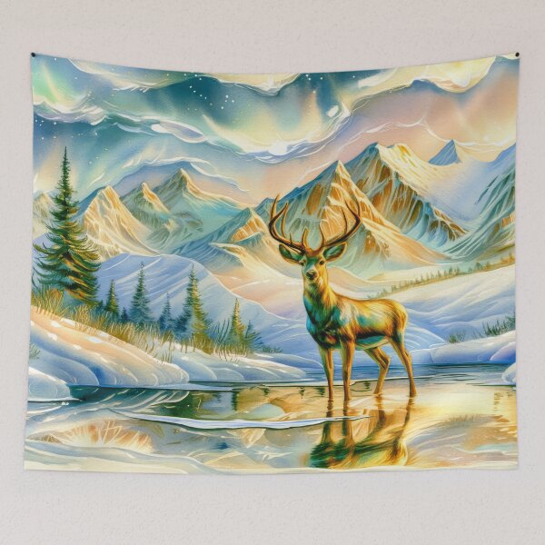 Item preview,  Deer Beneath the Northern Lights Watercolor Art – Snowy Mountain Winter Forest designed and sold by MargaretWiktor.