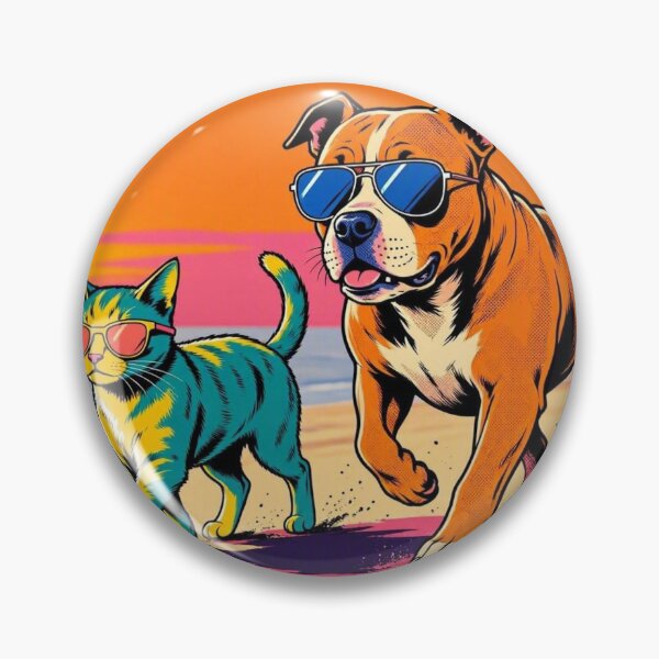 Item preview, Cool Pitbull and Cat on Beach – Pop Art Sunset Illustration designed and sold by Dogandesighn.