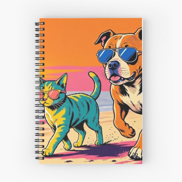Item preview, Cool Pitbull and Cat on Beach – Pop Art Sunset Illustration designed and sold by Dogandesighn.