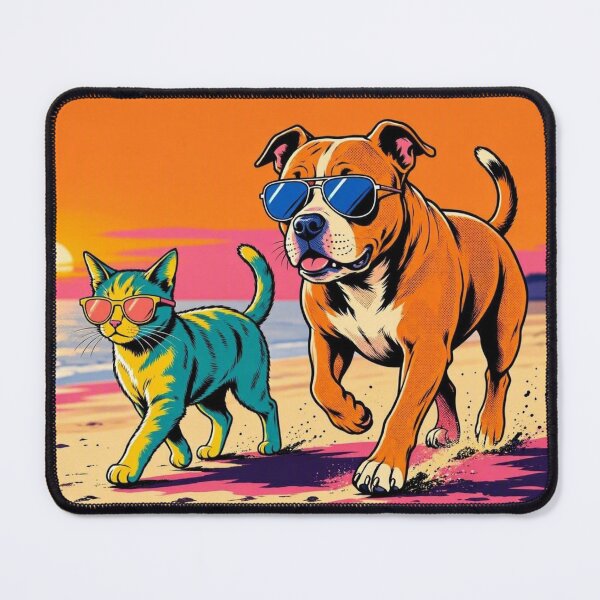 Item preview, Cool Pitbull and Cat on Beach – Pop Art Sunset Illustration designed and sold by Dogandesighn.