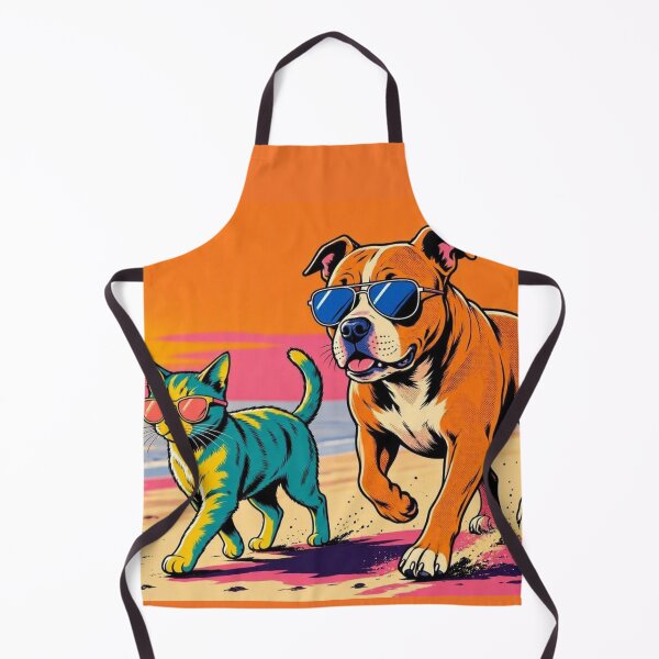 Item preview, Cool Pitbull and Cat on Beach – Pop Art Sunset Illustration designed and sold by Dogandesighn.