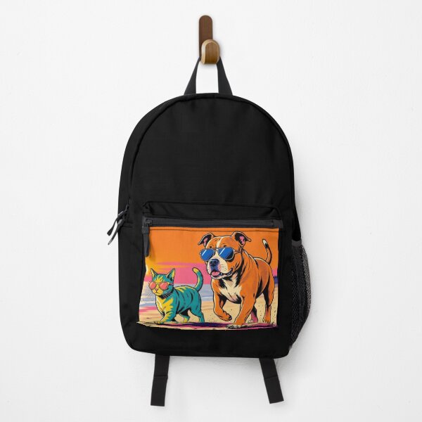 Item preview, Cool Pitbull and Cat on Beach – Pop Art Sunset Illustration designed and sold by Dogandesighn.
