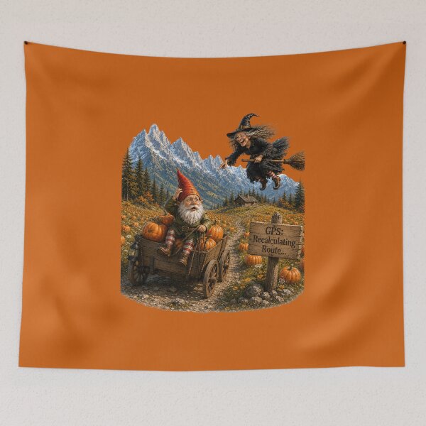 Item preview, Funny Pumpkin Patch Gnome & Witch – GPS: Recalculating Route Halloween Design designed and sold by Alpine-Ink.