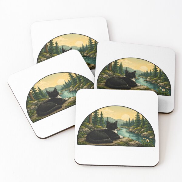 Item preview, Tuxedo Cat Pine Forest River Landscape designed and sold by Old's Cool Cat Studio.