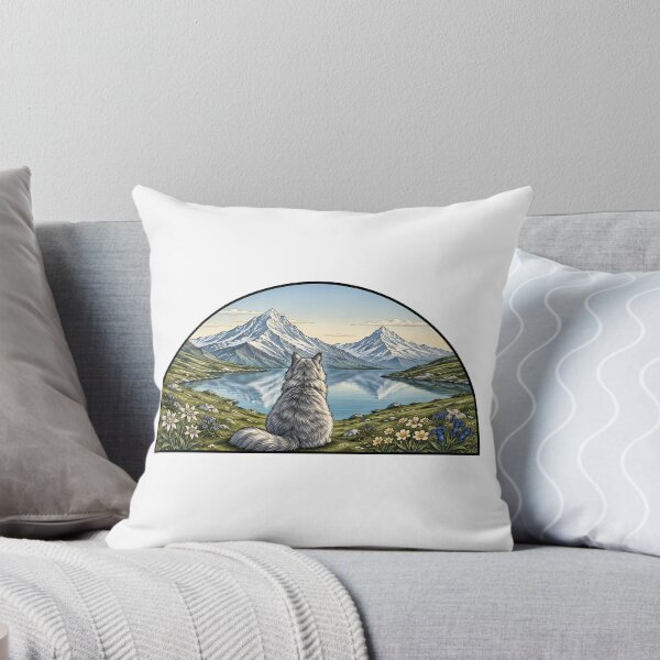 Aperçu de l'œuvre Grey Cat Snowy Mountain Lake Edelweiss créée et vendue par Old's Cool Cat Studio.
