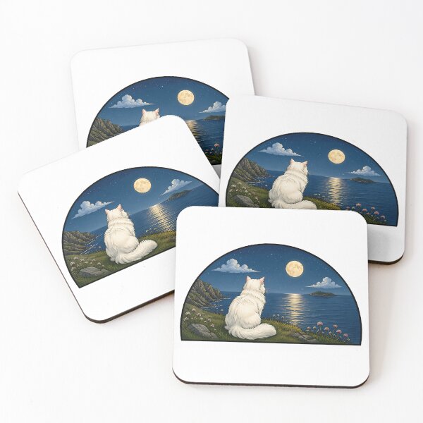 Item preview, White Cat Ocean Full Moon Night designed and sold by Old's Cool Cat Studio.