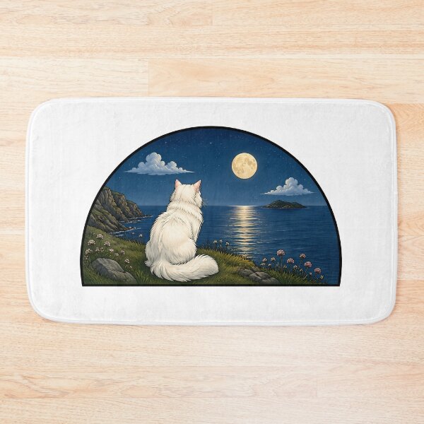 Item preview, White Cat Ocean Full Moon Night designed and sold by Old's Cool Cat Studio.