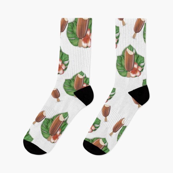 Item preview, Tropical design featuring a bitten chocolate ice cream, monstera leaves, and hibiscus flowers, along with the text “Bite Into Summer.” designed and sold by Sock Garden.