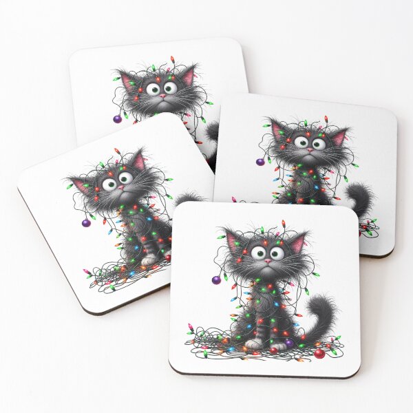 Item preview, Funny Tangled Christmas Cat - Crazy Fluffy Kitten Tree Lights Art designed and sold by FrescoDesign.