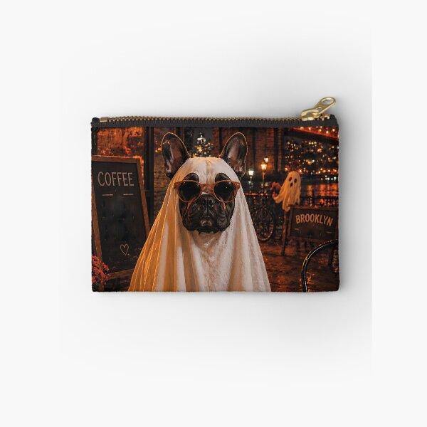 Item preview, French Bulldog dressed as a hipster ghost in Brooklyn at night designed and sold by Nomad-Paws.