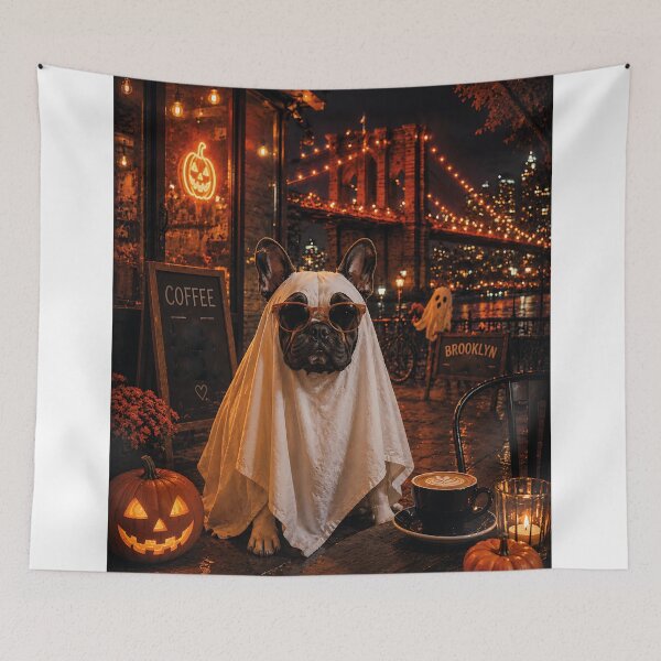 Item preview, French Bulldog dressed as a hipster ghost in Brooklyn at night designed and sold by Nomad-Paws.
