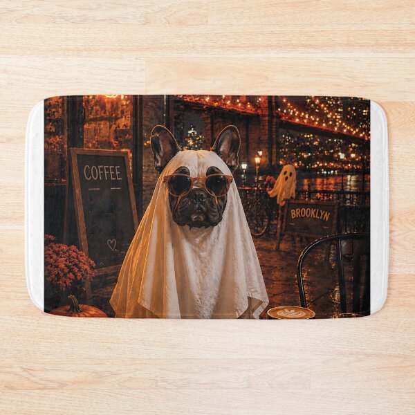 Item preview, French Bulldog dressed as a hipster ghost in Brooklyn at night designed and sold by Nomad-Paws.