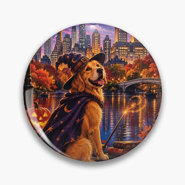 Item preview, Golden Retriever dressed as a wizard gazing at the Central Park skyline on Halloween designed and sold by Nomad-Paws.