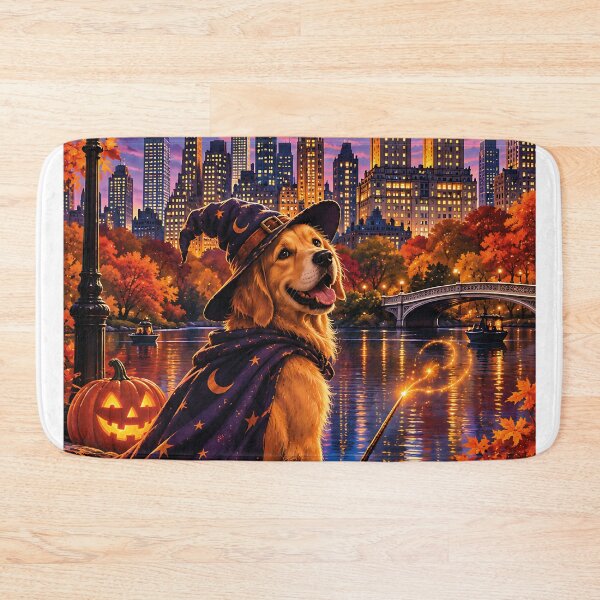 Item preview, Golden Retriever dressed as a wizard gazing at the Central Park skyline on Halloween designed and sold by Nomad-Paws.