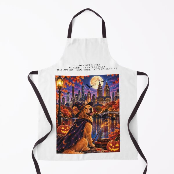 Item preview, Golden Retriever dressed as a wizard gazing at the Central Park skyline on Halloween designed and sold by Nomad-Paws.