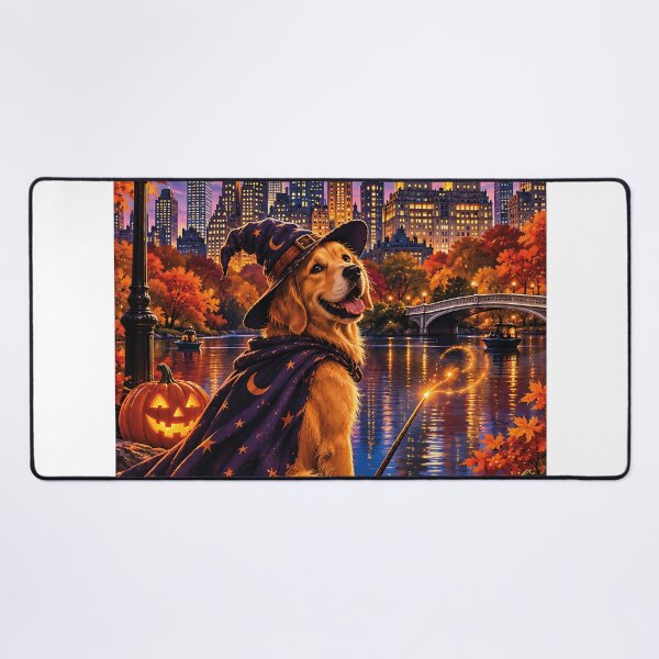 Item preview, Golden Retriever dressed as a wizard gazing at the Central Park skyline on Halloween designed and sold by Nomad-Paws.