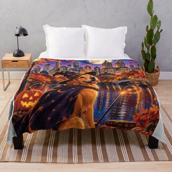 Item preview, Golden Retriever dressed as a wizard gazing at the Central Park skyline on Halloween designed and sold by Nomad-Paws.