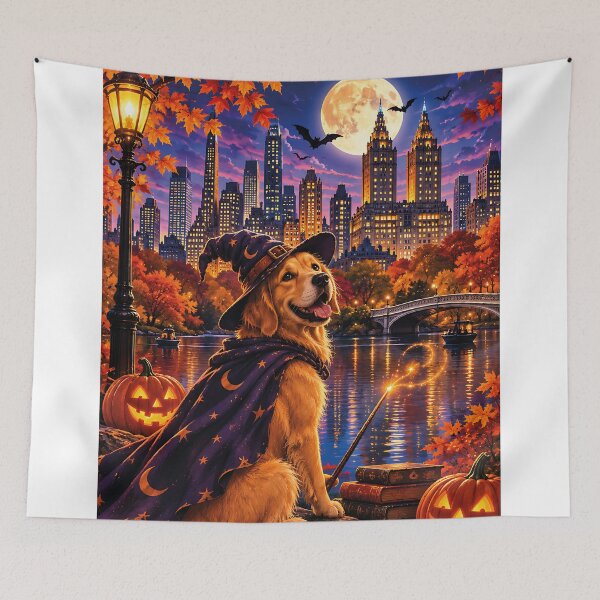 Item preview, Golden Retriever dressed as a wizard gazing at the Central Park skyline on Halloween designed and sold by Nomad-Paws.