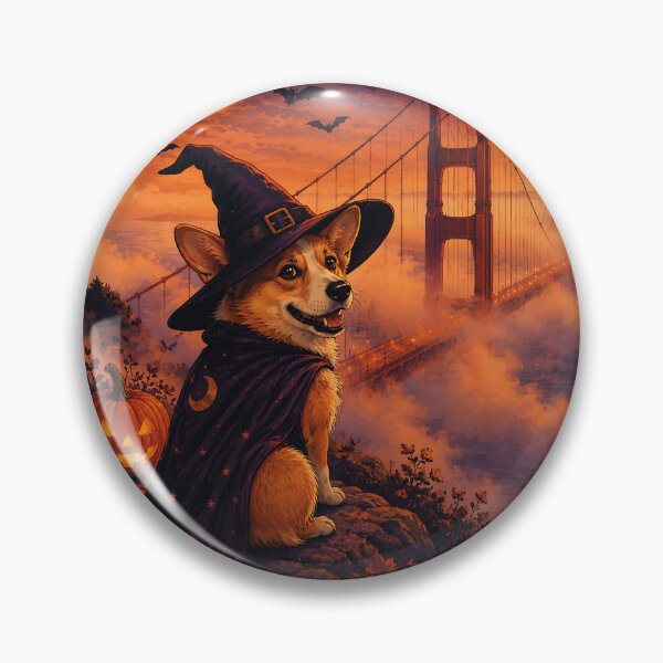 Item preview, Corgi dressed as a witch on the Golden Gate Bridge in Halloween fog designed and sold by Nomad-Paws.