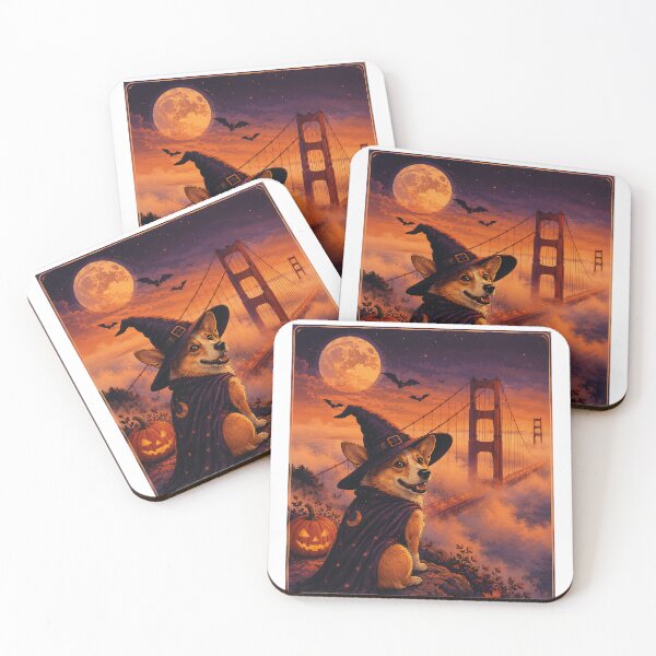 Item preview, Corgi dressed as a witch on the Golden Gate Bridge in Halloween fog designed and sold by Nomad-Paws.