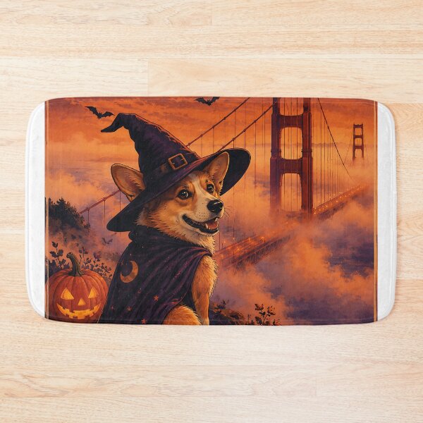 Item preview, Corgi dressed as a witch on the Golden Gate Bridge in Halloween fog designed and sold by Nomad-Paws.