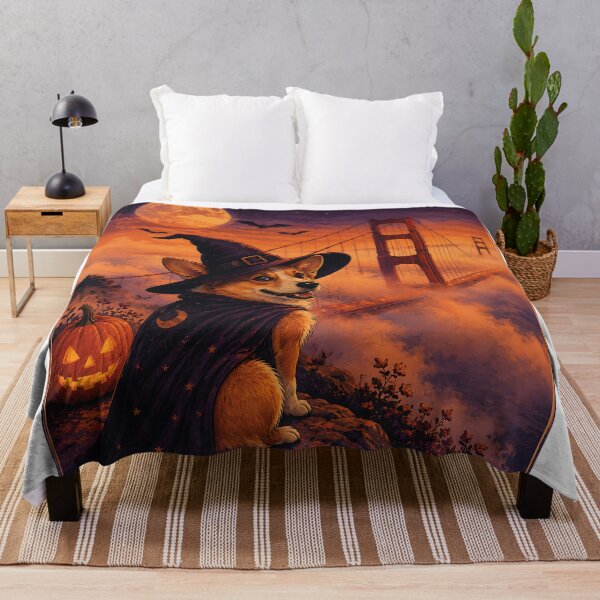 Item preview, Corgi dressed as a witch on the Golden Gate Bridge in Halloween fog designed and sold by Nomad-Paws.