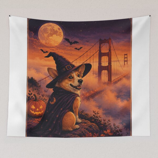 Item preview, Corgi dressed as a witch on the Golden Gate Bridge in Halloween fog designed and sold by Nomad-Paws.