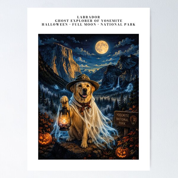 Item preview, Labrador dressed as a ghost explorer in Yosemite with a full moon designed and sold by Nomad-Paws.