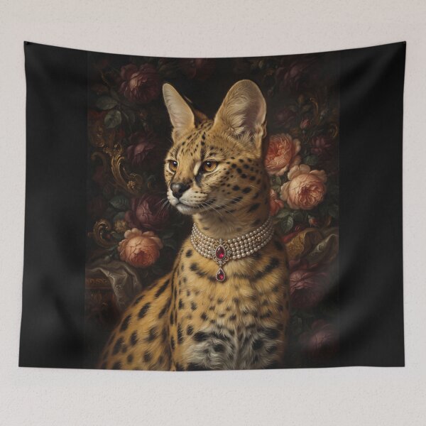 Item preview, Noble Serval Cat with Ruby Pearl Necklace designed and sold by Real Beast Art.