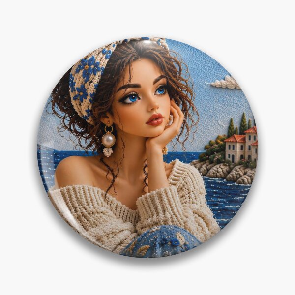 Item preview, Seaside Woman and Cat in Embroidery Style designed and sold by dreamybyana.