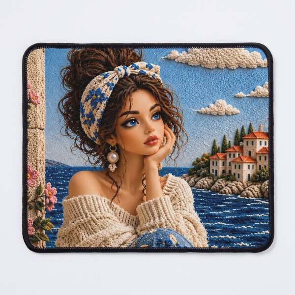 Item preview, Seaside Woman and Cat in Embroidery Style designed and sold by dreamybyana.