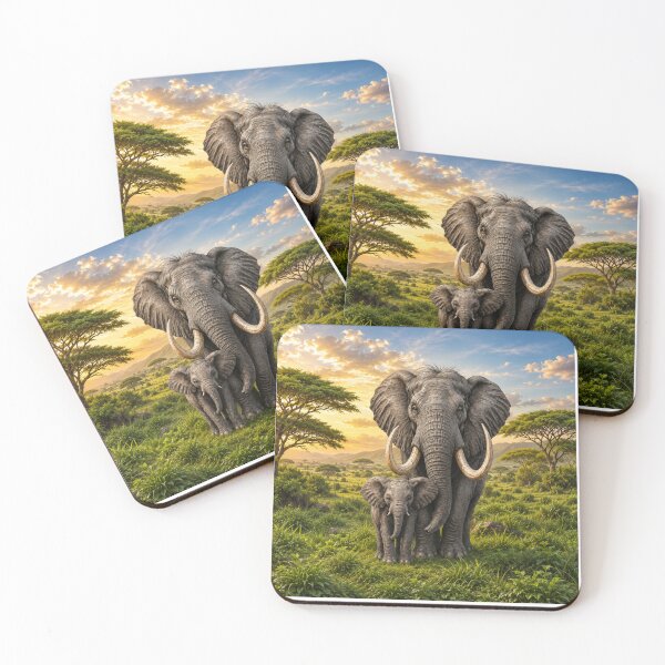 Item preview, Elephant Mother and Calf in the Green Savanna designed and sold by EmylyWoods.