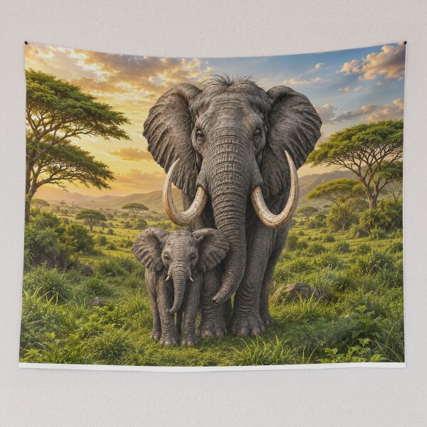Item preview, Elephant Mother and Calf in the Green Savanna designed and sold by EmylyWoods.