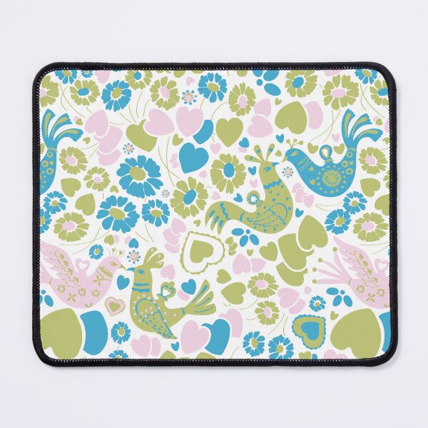 Item preview, Vintage Scandi Lovebirds Floral in White Pink Green and Blue designed and sold by YesterdayColl.
