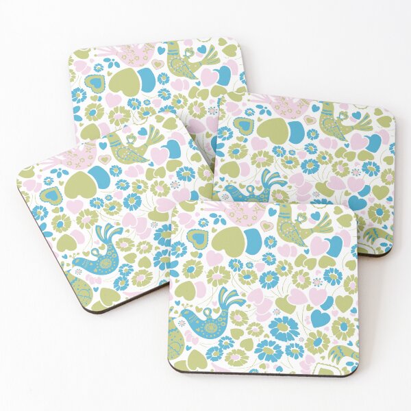 Item preview, Vintage Scandi Lovebirds Floral in White Pink Green and Blue designed and sold by YesterdayColl.