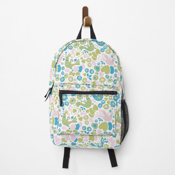 Item preview, Vintage Scandi Lovebirds Floral in White Pink Green and Blue designed and sold by YesterdayColl.