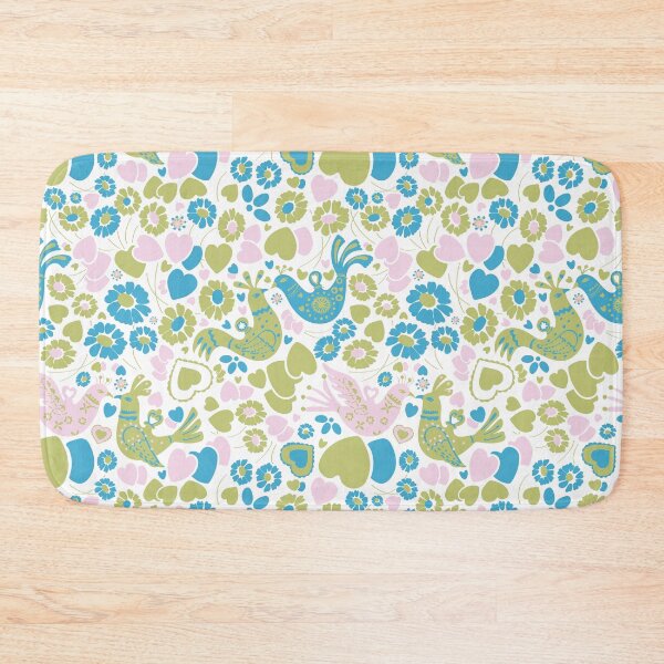 Item preview, Vintage Scandi Lovebirds Floral in White Pink Green and Blue designed and sold by YesterdayColl.