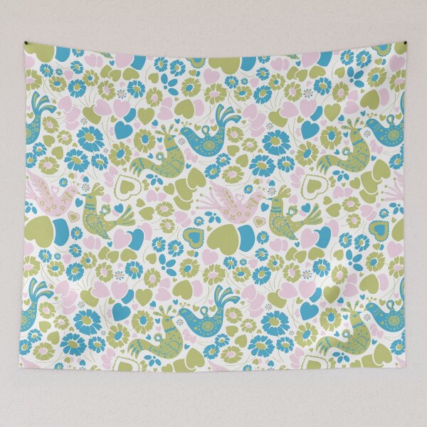 Item preview, Vintage Scandi Lovebirds Floral in White Pink Green and Blue designed and sold by YesterdayColl.
