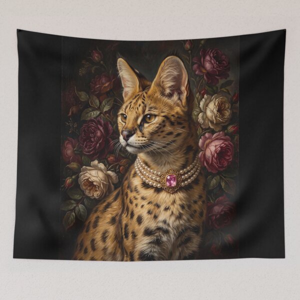 Item preview, Noble Serval Cat with Pink Gem Pearl Choker designed and sold by Real Beast Art.