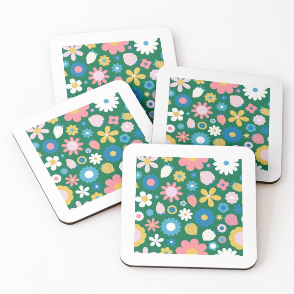 Item preview, Retro Scandi Strawberry Floral in Green Pink Blue and Yellow designed and sold by YesterdayColl.